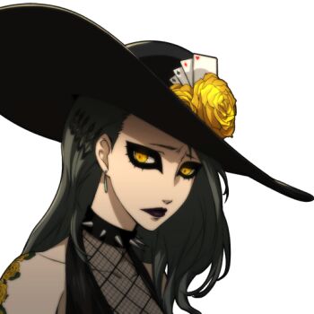 Rule 34 | 10s, 1girl, black hair, black lips, collar, earrings, female focus, hat, jewelry, lipstick, makeup, niijima sae, official art, persona, persona 5, sad, shadow (persona), shadow sae, solo, spiked collar, spikes, yellow eyes