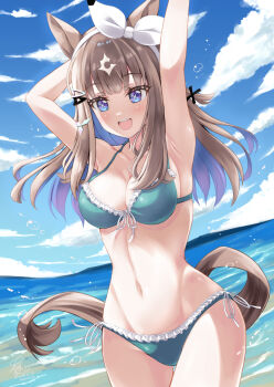 +_+ 1girl :d almond_eye_(umamusume) animal_ears armpits arms_up bare_shoulders beach bikini blue_bikini blue_eyes blue_sky blunt_bangs bow_hairband breasts brown_hair cleavage cloud collarbone colored_inner_hair commentary_request cowboy_shot dated day frilled_bikini frills front-tie_bikini_top front-tie_top green_bikini groin hair_ornament hairband hairclip highres horizon horse_ears horse_girl horse_tail kouzuki_hajime large_breasts light_blush long_hair looking_at_viewer mountainous_horizon multicolored_hair navel ocean open_mouth outdoors side-tie_bikini_bottom sidelocks signature sky smile solo standing stomach swimsuit symbol-shaped_pupils tail too_many_hair_ornaments umamusume white_hairband x-shaped_pupils x_hair_ornament