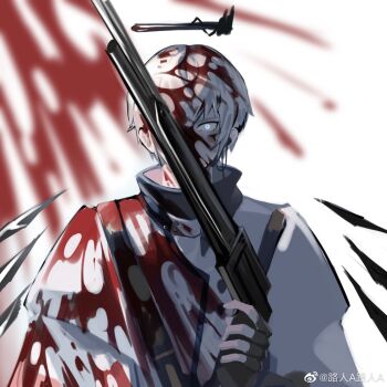 1boy arknights belt black_belt black_gloves black_halo black_shirt black_wings blood blood_in_hair blood_on_clothes blood_on_face blood_splatter blue_eyes blurry blurry_background chinese_commentary commentary_request constricted_pupils covered_mouth crabwzzzz detached_wings earpiece executor_(arknights) fingerless_gloves gloves gun hair_between_eyes halo hand_up high_collar highres holding holding_gun holding_weapon long_sleeves looking_at_viewer male_focus mechanical_halo one_eye_covered shirt short_hair shotgun shoulder_belt solo straight-on upper_body weapon white_background white_hair wings