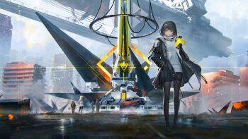 Rule 34 | 1boy, 2girls, andre (arknights), arknights, arknights: endfield, black hair, black jacket, black pantyhose, copyright logo, copyright name, copyright notice, endministrator (arknights), female endministrator (arknights), grey eyes, highres, jacket, logo, looking at viewer, medium hair, multiple girls, official art, pantyhose, people, perlica (arknights), second-party source, thighs, ya yan