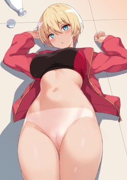 1girl absurdres bad_tag black_sports_bra blonde_hair blue_eyes bottle bottomless breasts censored commentary_request cup dark-skinned_female dark_skin drunk highres jacket large_breasts long_sleeves lying mosaic_censoring nakamura_yukitoshi nakamura_yukitosnakamura_yukitoshi navel on_back on_floor open_clothes open_jacket original pussy red_jacket short_hair solo sports_bra stomach tan thighs tile_floor tiles variant_set