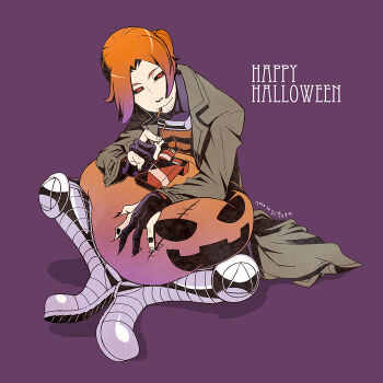 10s 1boy 2010 animification black_sclera brown_hair colored_sclera dated food gambit halloween happy_halloween jack-o'-lantern male_focus marvel pocky pumpkin purple_background red_eyes solo togatsuko x-men