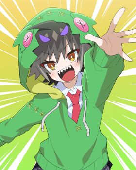 1girl animal_hood artist_request black_hair commentary_request dragon_musume_ni_naritakunai! duel_masters green_hoodie highres hood hood_up hoodie hoshi_feruki multicolored_hair necktie official_art open_mouth orange_eyes purple_hair reaching reaching_towards_viewer red_necktie sharp_teeth shirt short_hair solo teeth upper_body upper_teeth_only white_shirt