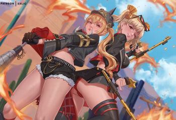 Rule 34 | 2girls, ;d, artist name, belt, black-framed eyewear, black belt, black gloves, black jacket, black shorts, black skirt, black thighhighs, blonde hair, blue sky, blurry, blurry background, breasts, bright pupils, burnice white, closed mouth, combat helmet, commentary, crop top, cropped jacket, crossed bangs, cutoffs, dual wielding, dutch angle, exlic, eyewear on head, fingerless gloves, flamethrower, gloves, grin, hair between eyes, hair ornament, hands on hilt, helmet, holding, holding flamethrower, holding weapon, jacket, lips, long hair, long sleeves, luciana de montefio, mask, medium breasts, midriff, multiple girls, navel, one eye closed, open mouth, panties, pantyshot, patreon username, pickelhaube, pleated skirt, red-tinted eyewear, red eyes, red panties, red trim, short shorts, shorts, side ponytail, skirt, sky, smile, spiked belt, sunglasses, thighhighs, tinted eyewear, twintails, underwear, unworn mask, weapon, white pupils, zenless zone zero