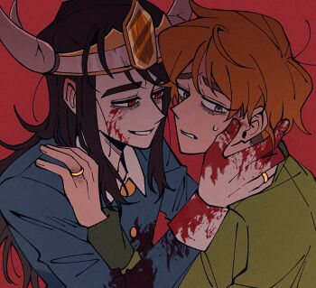 1boy 1girl abaddon_(haunted_hotel) aged_up averting_eyes blood blood_on_clothes blood_on_face blood_on_hands brown_eyes brown_hair coat commentary_request crown esther_freeling fake_horns hand_on_another's_cheek hand_on_another's_face haunted_hotel hetero horned_headwear horns insidej043 jewelry korean_commentary long_hair looking_at_another orange_hair red_eyes ring short_hair slit_pupils upper_body