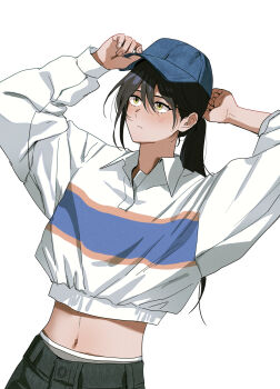 1girl absurdres black_hair blush gundam gundam_gquuuuuux hat highres long_hair long_sleeves midriff navel nyaan_(gundam_gquuuuuux) otakulifewow ponytail shirt simple_background solo white_background yellow_eyes