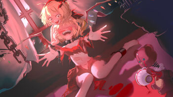 2girls bare_shoulders blonde_hair chain chain_collar chained_wrists character_request claw_mark crystal_wings cup disheveled dutch_angle fangs flandre_scarlet full_body full_moon highres indoors looking_at_viewer mi_88086035 moon multiple_girls navel open_mouth red_eyes red_moon short_hair sitting stuffed_animal stuffed_toy teacup teddy_bear teeth torn_clothes touhou upper_teeth_only wariza window wings