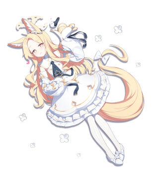 1girl absurdres animal_ear_fluff animal_ears bird blonde_hair blue_archive blue_necktie blush bow detached_sleeves dong_ji dress forehead fox_ears fox_girl fox_tail halo highres long_hair lying necktie on_back pantyhose parted_lips pink_eyes seia_(blue_archive) shoes sidelocks sleeves_past_fingers sleeves_past_wrists smile solo striped_clothes striped_pantyhose tail tail_bow tail_ornament vertical-striped_clothes vertical-striped_pantyhose white_bow white_dress white_pantyhose white_shoes yellow_halo