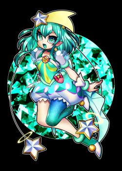 Rule 34 | 1girl, aqua choker, aqua eyes, aqua hair, aqua thighhighs, black background, bow, choker, commentary, commentary request, cure milky, earrings, english commentary, hagoromo lala, hair ornament, jewelry, magical girl, mixed-language commentary, open mouth, pointy ears, precure, red bow, senmu (0107), shooting star hair ornament, simple background, single thighhigh, smile, solo, space print, star (symbol), star earrings, star hair ornament, star twinkle precure, starry sky print, thighhighs