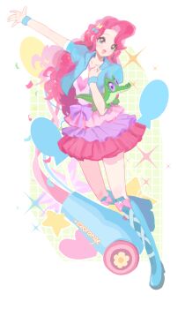 1girl :d absurdres animal arm_up artist_name balloon blue_boots blue_bow blue_eyes blue_jacket boots border bow breasts chengzi82020 collarbone crocodile crocodilian curly_hair curtained_hair cutie_mark elbow_carry footwear_bow frilled_skirt frills full_body green_background grid_background gummy_(my_little_pony) hair_bow hand_up heart heart_print highres jacket knee_boots lace-up_boots layered_skirt long_hair long_legs looking_ahead medium_breasts miniskirt my_little_pony my_little_pony:_equestria_girls my_little_pony:_friendship_is_magic open_clothes open_jacket open_mouth outline outside_border outstretched_arm pink_bow pink_skirt pinkie_pie pinkie_pie_(equestria_girls) purple_skirt raised_eyebrows shirt short-sleeved_jacket short_sleeves simple_background skirt smile solo sparkle standing standing_on_one_leg star_(symbol) star_in_eye symbol_in_eye tongue very_long_hair white_border white_outline white_shirt wristband yellow_bow
