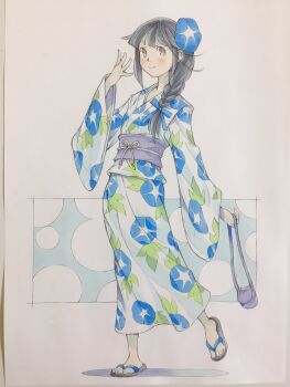 1girl asymmetrical_sidelocks bag black_hair blue_bag blue_flower blue_ribbon blue_sash braid closed_mouth commentary floral_print floral_print_kimono flower full_body hair_flower hair_ornament hair_over_shoulder hair_ribbon hand_up highres holding holding_bag japanese_clothes kimono long_hair looking_at_viewer morning_glory morning_glory_print obi open_hand original peter_salt print_kimono ribbon sandals sash sidelocks single_braid smile solo standing standing_on_one_leg traditional_media wide_sleeves zouri