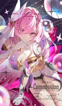 1girl black_shorts breasts character_name chinese_commentary cleavage commentary_request commission corset diamond-shaped_pupils diamond_(shape) elysia_(herrscher_of_human:_ego)_(honkai_impact) elysia_(honkai_impact) gloves happy_birthday honkai_(series) honkai_impact_3rd large_breasts long_hair looking_at_viewer multicolored_hair pink_hair purple_eyes shorts solo symbol-shaped_pupils thighs two-tone_hair very_long_hair watermark white_corset white_gloves xiangjiangziyebujianren