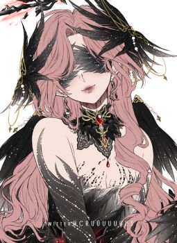 1girl bare_shoulders bird_wings black_collar black_dress black_gloves black_halo black_wings closed_mouth collar commentary covered_eyes criis-chan crimson_feather_(infinity_nikki) detached_collar dress earrings elbow_gloves english_commentary feather-trimmed_gloves feather_dress feathered_wings gloves hair_ornament halo head_tilt infinity_nikki jewelry light_blush lipstick long_hair makeup nikki_(nikki) nikki_(series) parted_bangs pink_hair red_lips simple_background single_sidelock smile solo spiked_halo strapless strapless_dress twitter_username upper_body very_long_hair wavy_hair white_background wing_hair_ornament wings