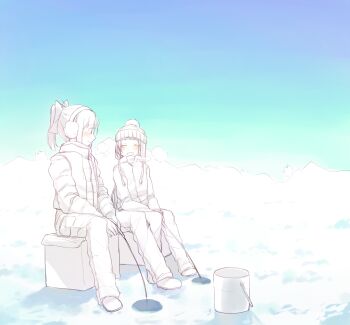 2girls alternate_costume beanie blue_sky blush bow bucket closed_eyes closed_mouth commentary_request day earmuffs fishing_rod hair_bow hat holding holding_fishing_rod hole ice_fishing jacket kantai_collection long_sleeves multiple_girls myuu_(hellomagic) open_mouth outdoors pants pom_pom_(clothes) pom_pom_beanie ponytail samidare_(kancolle) sitting sky vest yuubari_(kancolle)