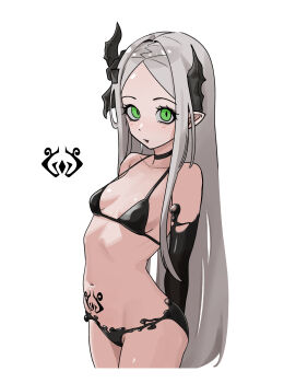 1girl bare_shoulders bikini black_horns black_liquid breasts forehead goddess_of_victory:_nikke green_eyes grey_hair highres horns leviathan_(nikke) liquid_clothes long_hair looking_at_viewer navel pointy_ears poop_frog pubic_tattoo simple_background small_breasts swimsuit tattoo thick_thighs thighs white_background