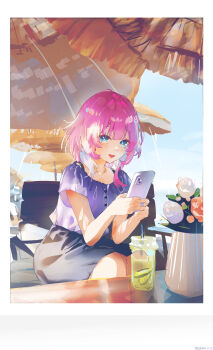 1girl absurdres alternate_costume artist_name black_skirt blue_eyes blue_sky border casual cup cyrene_(aedes_elysiae)_(honkai:_star_rail) cyrene_(honkai:_star_rail) dated disposable_cup drinking_straw highres holding holding_phone honkai:_star_rail honkai_(series) looking_at_viewer medium_hair open_mouth phone pink_hair purple_shirt shirt short_sleeves sitting skirt sky smile solo swkl:d white_border