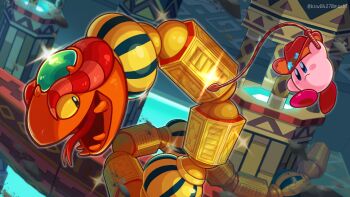 :t armor blush blush_stickers closed_mouth coily_rattler colored_teeth commentary_request copy_ability cowboy_hat debris forked_tongue glint gold_armor hat highres holding holding_whip kashiwa_(ksw04270mochi) kirby kirby:_triple_deluxe kirby_(series) midair nintendo no_humans open_mouth orange_teeth red_hat sharp_teeth snake star_(symbol) teeth tongue tongue_out twitter_username whip_kirby