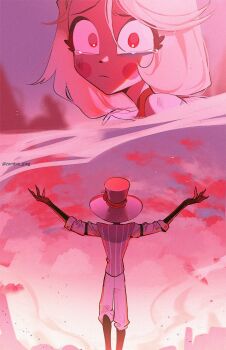 1boy 1girl apple artist_name black_boots boots charlie_morningstar circle_facial_mark commentary constricted_pupils english_commentary facial_mark film_grain food from_behind frown fruit hat hazbin_hotel hellaverse highres long_hair looking_at_another looking_at_viewer lucifer_morningstar_(hazbin_hotel) messy_hair outstretched_arms pink_vest red_eyes red_sky scratches shirt short_hair sky smoke split_screen striped_clothes striped_vest sunrise tearing_up top_hat twitter_username vertical-striped_clothes vertical-striped_vest vest white_headwear white_shirt zombie_jpg