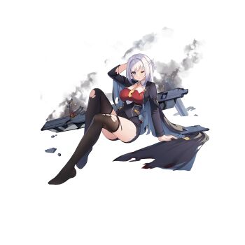 1girl arm_behind_head artist_request black_jacket black_shorts black_thighhighs blue_eyes highres intrepid_(warship_girls_r) jacket long_hair necktie official_art one_eye_closed rigging shorts solo thighhighs torn_clothes torn_thighhighs transparent_background warship_girls_r white_hair yellow_necktie