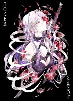 1girl absurdres acheron_(honkai:_star_rail) bare_shoulders black_choker breasts card choker cleavage closed_eyes cocoballking commentary criss-cross_halter english_commentary facing_to_the_side flower gradient_hair hair_over_one_eye halterneck highres honkai:_star_rail honkai_(series) joker_(playing_card) katana long_hair multicolored_hair playing_card red_flower simple_background solo sword weapon white_hair