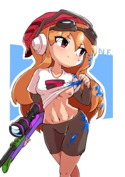 1girl absurdres blush breasts flashing glitch_productions goggles gun hat highres long_hair medium_breasts meggy_spletzer nipples orange_hair paint red_eyes rifle shorts smg4 sniper_rifle solo sunset_paradise weapon