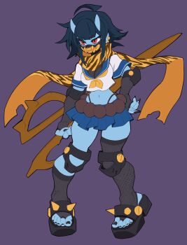 1girl asymmetrical_legwear black_sandals black_thighhighs blue_hair blue_skin blue_skirt breasts colored_skin commentary cropped_shirt detached_sleeves english_commentary fingernails full_body highres holding holding_scissors horns looking_at_viewer mask midriff miniskirt mouth_mask navel neckerchief nezo oni original panty_straps print_mask purple_background red_eyes sandals scarf scissors shirt short_hair short_sleeves simple_background skin-covered_horns skirt solo teeth_print_mask thighhighs toenails white_shirt yellow_neckerchief yellow_scarf