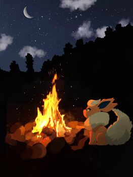 animal_focus animal_hands black_eyes bonfire closed_mouth flareon fluffy full_body gen_1_pokemon neck_fur night night_sky nintendo no_humans orange_fur outdoors pokemon pokemon_(creature) pokemon_focus raidayo_39 sitting sky solo yellow_fur