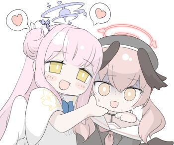 2girls :d beret black_hat black_shirt black_wings blue_archive blue_bow blush_stickers bow brown_eyes capelet chibi commentary_request dress feathered_wings flower hair_bun hair_flower hair_ornament halo hand_on_another&#039;s_face hand_on_another&#039;s_shoulder hat head_wings heart highres koharu_(blue_archive) long_hair low_twintails mika_(blue_archive) miranofuudoria multiple_girls off_shoulder open_mouth pink_hair purple_flower sailor_collar shirt simple_background single_side_bun smile spoken_heart turn_pale twintails upper_body very_long_hair white_background white_capelet white_dress white_sailor_collar white_wings wings