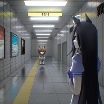 2girls absurdres agnes_tachyon_(umamusume) animal_ears ashenmash black_hair ceiling ceiling_light chemical_structure chibi closed_mouth deformed earrings exit_sign eye_contact fluorescent_lamp gold_ship_(umamusume) hallway highres horse_ears horse_girl horse_tail jewelry long_hair looking_at_another manhattan_cafe_(umamusume) multiple_girls parody poster_(object) purple_serafuku purple_shirt school_uniform serafuku shirt sign single_earring smile subway_station summer_uniform tactile_paving tail the_exit_8 tile_ceiling tile_floor tile_wall tiles tracen_school_uniform umamusume umayuru yellow_eyes