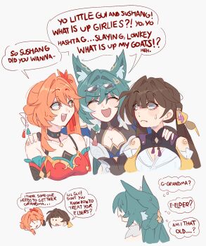 3girls animal_ear_fluff animal_ears bare_shoulders bell black_choker breasts brown_eyes brown_hair choker cleavage cleavage_cutout closed_mouth clothing_cutout collarbone commentary cropped_torso dress english_commentary english_text eyewear_on_head flower fox_ears fox_girl green_hair grey_background guinaifen_(honkai:_star_rail) hair_bell hair_between_eyes hair_flower hair_ornament highres honkai:_star_rail honkai_(series) large_breasts long_hair multiple_girls open_mouth orange_eyes orange_hair ponytail red_dress side_ponytail simple_background smile speech_bubble sunglasses sushang_(honkai:_star_rail) sweatdrop teeth twintails unfamousradish upper_teeth_only yellow_sleeves yukong_(honkai:_star_rail)