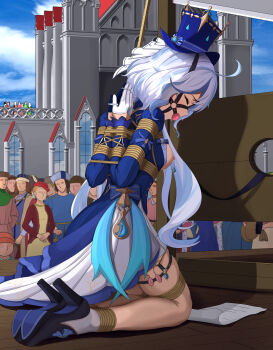 1girl absurdres ahoge arms_behind_back asymmetrical_gloves ball_gag bdsm black_gloves blindfold blue_gemstone blue_hair blue_hat blue_jacket bondage bound bound_ankles bound_arms bound_breasts bound_fingers bound_legs bound_thighs bound_thumbs bound_torso bound_wrists chinese_commentary closed_eyes commentary_request cowlick crowd drooling egg_vibrator execution female_focus forced_orgasm from_behind furina_(genshin_impact) gag gag_harness gagged gem genshin_impact gloves guillotine hat highres imminent_death jacket kneeling lactation long_hair long_sleeves mismatched_gloves multicolored_hair nipple_piercing nipples ouji_fashion outdoors piercing pussy_juice restrained reverse_prayer rope saliva saliva_trail sex_toy shibari shibari_over_clothes shoe_soles solo_focus streaked_hair top_hat variant_set vibrator vibrator_in_thigh_strap wanliu white_gloves white_hair wiffle_gag