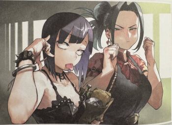 2girls aged_up alternate_hairstyle bag beer_bottle black_hair black_shirt blush boku_no_hero_academia bracelet breasts collarbone earrings female_focus horikoshi_kouhei jewelry jiro_kyoka looking_at_viewer multiple_girls necklace official_art ponytail pout purple_hair red_shirt shirt shopping_bag short_hair small_breasts tongue tongue_out yaoyorozu_momo