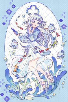 1girl :o absurdres blue_background blue_eyes book border bubble commentary commission dress english_commentary fish grey_hair highres holding holding_book holding_pencil im_honeybread jellyfish long_hair looking_to_the_side no_socks open_mouth original pencil polka_dot polka_dot_background sandals see-through_clothes shoes solo twitter_username white_background white_bag white_dress white_shoes