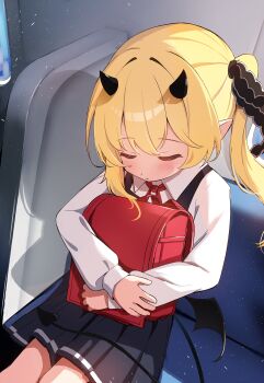 1girl absurdres black_dress blonde_hair blue_archive blush closed_eyes demon_girl demon_horns demon_tail demon_wings dress highres horns hug ibuki_(blue_archive) moepu. red_bag school_uniform shirt side_ponytail sitting sleeping solo tail train twitter white_shirt window wings