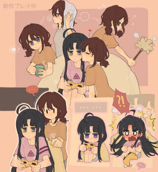 !? ... 2girls absurdres ahoge artist_request awa_subaru black_hair blue_eyes blush brown_hair chibi closed_eyes controller cup duster ekcl93 game_controller girls_band_cry grey_shirt highres holding holding_controller holding_cup holding_duster holding_game_controller huge_ahoge iseri_nina kiss kissing_cheek long_hair medium_hair multiple_girls open_mouth purple_eyes purple_shirt shirt short_twintails surprised twintails