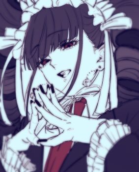 1girl aegyo_sal black_hair black_nails blunt_bangs celestia_ludenberg danganronpa:_trigger_happy_havoc danganronpa_(series) dn0lt drill_hair earrings frilled_sleeves frills from_below hands_up headdress highres jewelry long_hair long_sleeves looking_at_viewer necktie open_mouth red_eyes red_necktie simple_background smile solo steepled_fingers teeth twin_drills upper_body upper_teeth_only white_background white_headdress