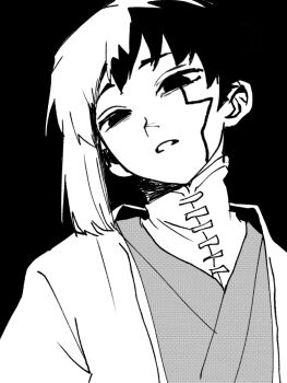 1boy asagiri_gen black_background dr._stone eerika1114 greyscale head_tilt japanese_clothes kimono looking_at_viewer male_focus monochrome multicolored_hair open_clothes parted_lips screentones shirt short_hair solo upper_body