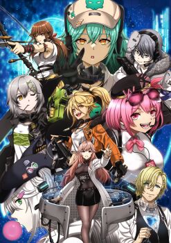 2boys 6+girls animal_ears antonina_(neural_cloud) banxsy_(neural_cloud) bartender baseball_cap beret black_skirt black_vest blonde_hair blowing_bubble_gum blowing_bubbles blue_eyes bow_(weapon) breasts brown_hair cat_ears chewing_gum closed_mouth collared_shirt commentary_request compound_bow cup eyewear_on_head falcon_(girls&#039;_frontline) feet_out_of_frame fingerless_gloves from_side gin_(neural_cloud) girls&#039;_frontline girls&#039;_frontline_neural_cloud gloves green_eyes grey_eyes grey_hair hair_between_eyes hair_ribbon hat headphones headset high_ponytail highres holding holding_cup id_card jacket lab_coat long_hair long_sleeves looking_at_viewer mask mask_around_neck mask_on_head medium_breasts multiple_boys multiple_girls open_mouth orange_eyes orange_jacket ouga_(user_ctzw2237) outstretched_arm persicaria_(neural_cloud) pink_eyes pink_hair ponytail red_eyes red_ribbon ribbon shirt short_hair simo_(neural_cloud) skirt skull_print smile sockdolager_(neural_cloud) sol_(neural_cloud) teeth tinted_eyewear upper_body upper_teeth_only vest weapon white_jacket white_shirt willow_(neural_cloud)