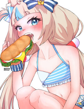 Rule 34 | 1girl, absurdres, animal ears, bikini, blonde hair, cat ears, eating, food, highres, indie virtual youtuber, kittenkippers, sameko saba, sandwich, swimsuit, virtual youtuber