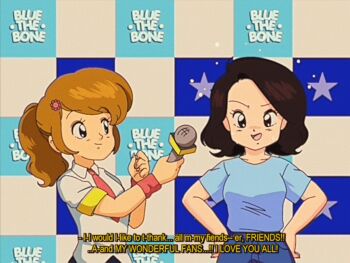 2girls animated animated_gif artist_name artist_self-insert black_hair blue_shirt bluethebone bluesona_(bluethebone) brown_hair collared_shirt english_text fake_screenshot fictional_persona hands_on_own_hips interview looking_at_viewer medium_hair microphone multiple_girls necktie original pink_neckwear ponytail reporter_(rhythm_tengoku) retro_artstyle rhythm_tengoku shirt short_hair short_sleeves smile star_(symbol) subtitled sweatdrop upper_body vhs_artifacts white_shirt