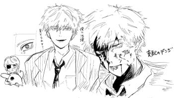 blonde_hair blood breast_pocket chibi commentary_request denji_(chainsaw_man) formal_clothes highres looking_at_viewer makima_(chainsaw_man) necktie open_mouth personality_switch pochita_(chainsaw_man) pocket red_hair role_reversal sharp_teeth staring suit teeth wavy_mouth woooo_086