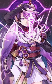 1girl armor arms_up blunt_bangs braid breasts bridal_gauntlets cleavage closed_mouth commentary drawing_sword electricity expressionless fan_hair_ornament genshin_impact glowing glowing_eyes glowing_sword glowing_weapon hair_ornament hidechuu highres holding holding_sword holding_weapon human_scabbard japanese_clothes kimono lingerie looking_at_viewer mitsudomoe_(shape) mole mole_under_eye musou_isshin_(genshin_impact) powering_up purple_kimono raiden_shogun red_sash sash shade solo standing sword sword_between_breasts thighhighs tomoe_(symbol) underwear upper_body weapon