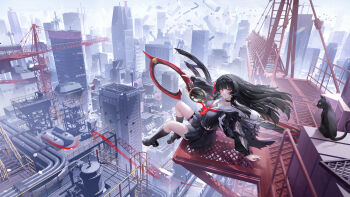 1girl absurdres arm_cutout black_choker black_hair black_shirt black_skirt breasts cat chinese_commentary chisa_(wuthering_waves) choker cityscape clothing_cutout commentary_request dahai_zhijian hair_ribbon highres long_hair looking_at_viewer neckerchief red_eyes red_neckerchief red_ribbon ribbon sailor_collar school_uniform serafuku shirt skirt solo tacet_mark_(wuthering_waves) white_sailor_collar wuthering_waves