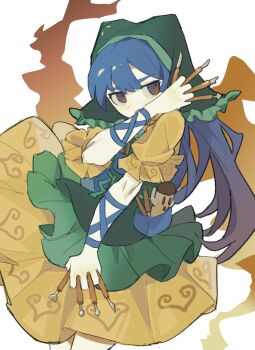 1girl apron arm_ribbon blue_hair blue_ribbon blush brown_eyes chisel dress green_apron green_headscarf haniwa_(statue) haniyasushin_keiki headscarf highres holding long_hair magatama open_mouth ribbon shiye_hong short_sleeves simple_background single_strap solo touhou white_background wood_carving_tool yellow_dress