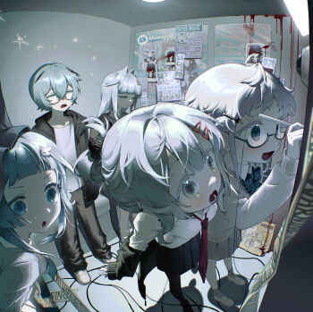 1boy 4girls ahoge aqua_hair black_jacket black_pants black_skirt blood blue_eyes blunt_bangs bone_hair_ornament bow bowtie cat_hair_ornament caution_tape collared_shirt glasses grey_hair hair_between_eyes hair_bun hair_intakes hair_ornament hairclip highres hood hood_down hooded_jacket jacket kuwei_(kuwei_2333) long_hair multiple_girls necktie off_shoulder open_mouth original pants pleated_skirt red_necktie shirt short_hair sign skirt sweater warning_sign white_shirt