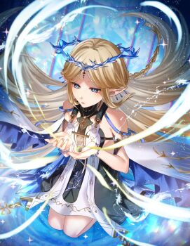 1girl bare_shoulders black_dress blonde_hair blue_eyes breasts cartethyia_(wuthering_waves) commentary crown_of_thorns dress earrings hands_up highres jewelry kneeling long_hair looking_at_hands mady_(madine08260) multiple_earrings parted_bangs parted_lips pointy_ears small_breasts solo tabard tacet_mark_(wuthering_waves) white_tabard wuthering_waves