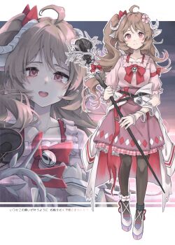 1girl absurdres animal_ears arknights breasts brown_hair commentary_request eyjafjalla_(arknights) highres holding holding_staff horns long_hair looking_at_viewer multiple_views outline pantyhose semi_colon sheep_ears sheep_girl shirt small_breasts smile staff white_outline