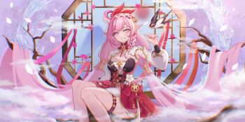 1girl bell braid branch breasts diamond-shaped_pupils diamond_(shape) dress elf elysia_(herrscher_of_human:_ego)_(honkai_impact) elysia_(honkai_impact) elysia_(peachy_spring)_(honkai_impact) falling_petals flower hair_bell hair_flower hair_ornament highres honkai_(series) honkai_impact_3rd large_breasts long_hair official_alternate_costume petals pink_hair pointy_ears purple_eyes red_dress single_braid siro_jun sitting smile solo symbol-shaped_pupils thigh_strap thighs very_long_hair