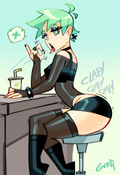 ass ass_clapping ass_focus ass_shake black_boots black_thighhighs boots cross cross_earrings cup drinking drinking_straw earrings fellatio_gesture gerph green_eyes green_hair huge_ass jewelry mint_(gerph) original sexually_suggestive sitting skarpworld sound_effects table thighhighs thighs tongue tongue_out