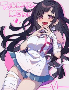 1girl apron bandaged_arm bandaged_leg bandages black_hair blush breasts character_name collared_shirt commentary danganronpa_(series) danganronpa_2:_goodbye_despair highres large_breasts long_hair looking_at_viewer mole mole_under_eye nekojiri open_mouth pink_shirt puffy_short_sleeves puffy_sleeves shirt short_sleeves smile solo symbol-only_commentary teeth tsumiki_mikan white_apron